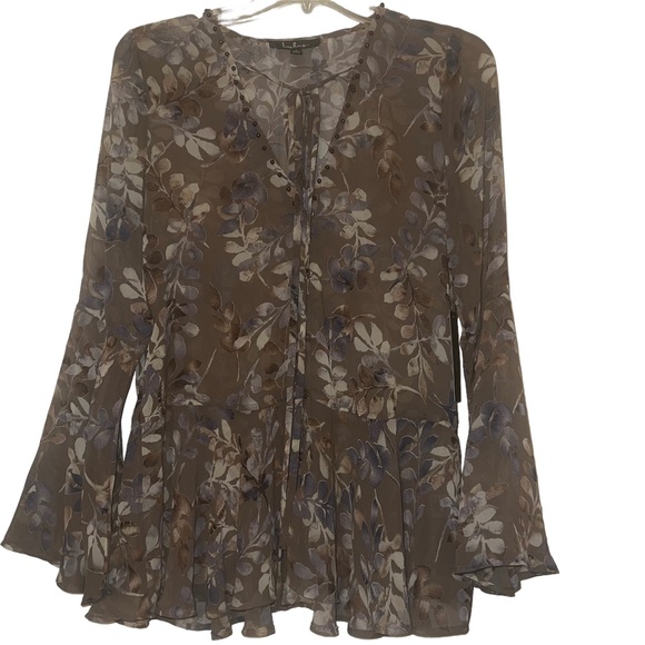 Lulu’s Sprawling Scenery Taupe Floral Print Bell Sleeve Top NWT Taupe Sz S - Picture 2 of 14